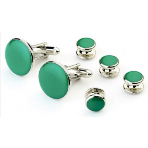 Shamrock Green Stone Tuxedo Studs and Cufflinks Silver Trim